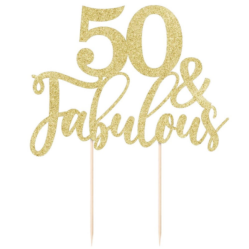 Yetxel Golden Glitter 50 & Fabulous Cake Topper, 50th Birthday Cake Topper, Fifty and Fabulous, 2 Pieces - Image 3